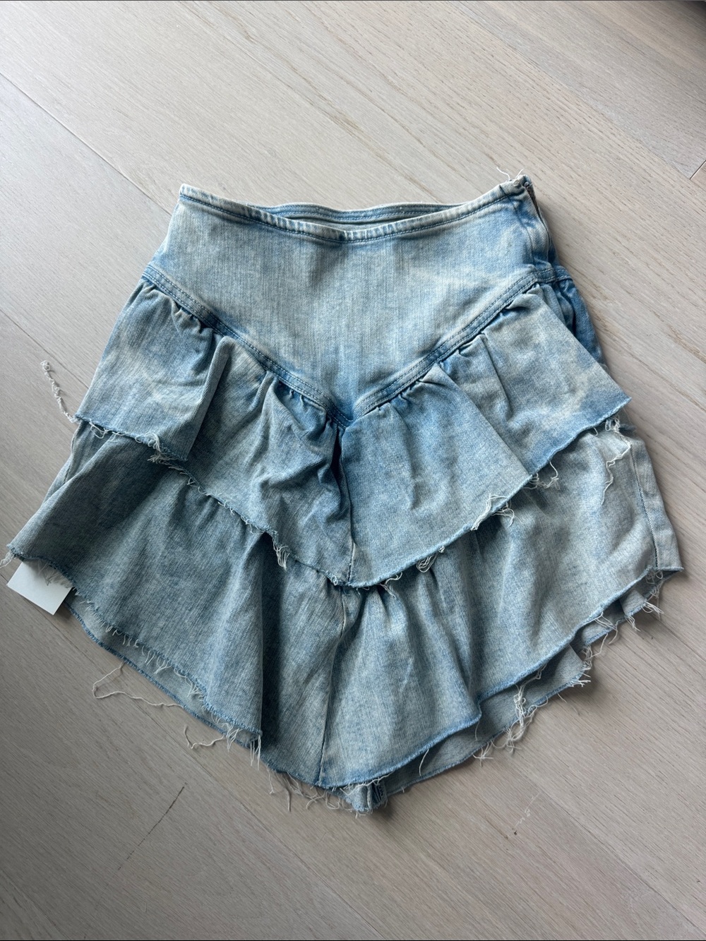 Mother Light Wash Denim Ruffle Mini Skirt